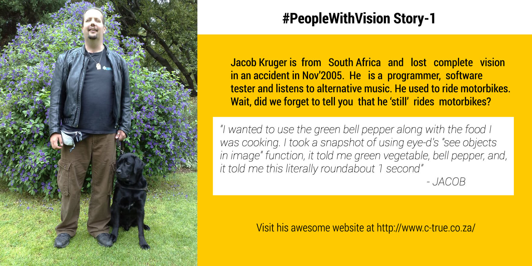Picture shows Eye-D App user Jacob along with his guide dog on left, on the right is an instance how Jacob leveraged the Eye-D App's See Object feature to pick Green bell pepper for his dish